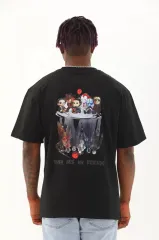 Unisex Oversize Baskılı Bisiklet Yaka T-Shirt - Siyah