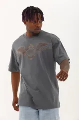 Unisex Oversize Taşlı Bisiklet Yaka T-Shirt - Füme