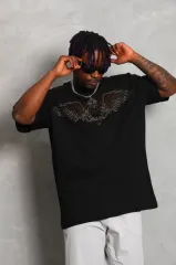 Unisex Oversize Taşlı Bisiklet Yaka T-Shirt - Siyah