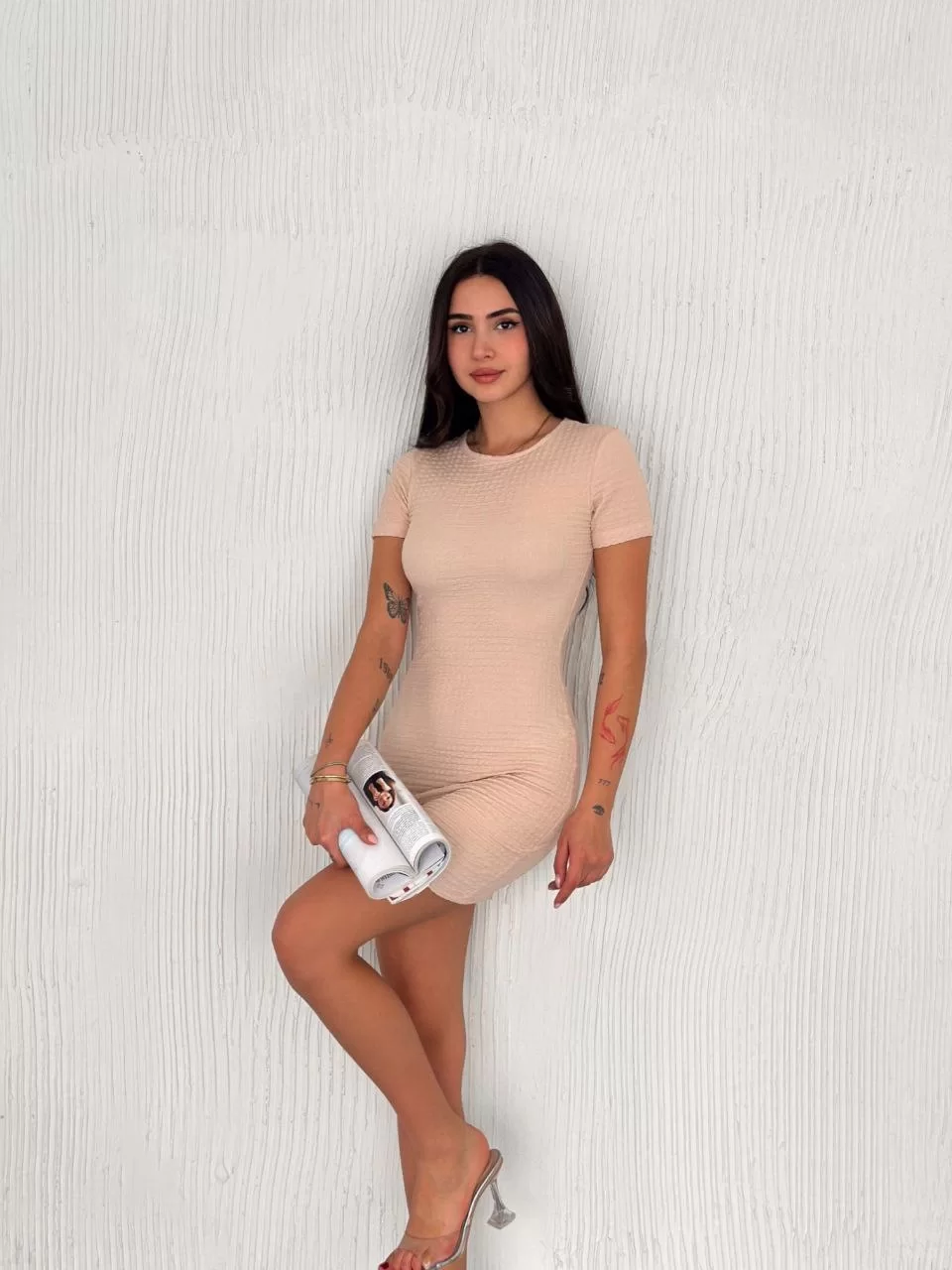 Kadın Bisiklet Yaka Kısa Kol Likralı Elbise - Bej