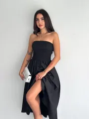 Straplez Pileli Elbise - Siyah