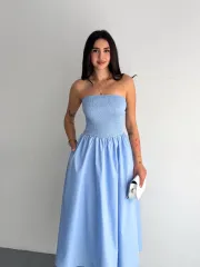 Straplez Pileli Elbise - Açık Mavi