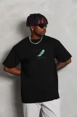 Unisex Oversize Baskılı Bisiklet Yaka T-Shirt - Siyah