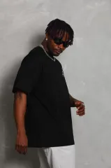 Unisex Oversize Baskılı Bisiklet Yaka T-Shirt - Siyah