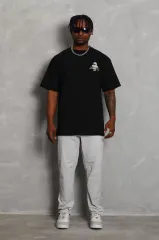 Unisex Oversize Baskılı Bisiklet Yaka T-Shirt - Siyah