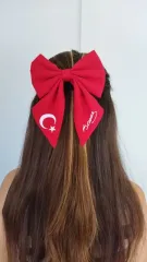TÜRK Bayrağı ve Atatürk imza Motifli Fiyonk Toka - Kırmızı