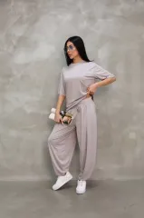 Osy Modal Yumuşak Dokulu Kumaş Oversize Bisiklet Yaka T-shirt Jogger Eşofman Altı Eşofman Takımı - Gri