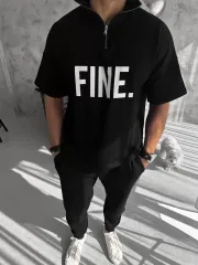 Unisex Baskılı Yarım Fermuarlı T-Shirt - Siyah
