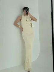 Kalın Fitilli Uzun Triko Elbise - Kırık Beyaz
