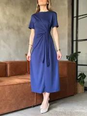 Osy Modal Yumuşak Dokulu Kumaş Yandan Bağlamalı Elbise - Lacivert
