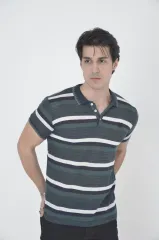 Erkek Yakalı Slim Fit Dokuma Çizgili T-Shirt - Haki