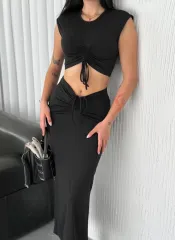 Osy Modal Yumuşak Dokulu Kumaş Büzgülü Crop Etek Takım - Siyah