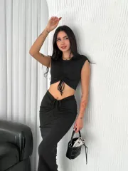 Osy Modal Yumuşak Dokulu Kumaş Büzgülü Crop Etek Takım - Siyah