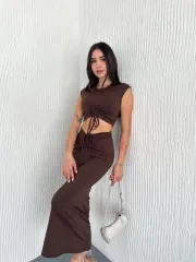 Osy Modal Yumuşak Dokulu Kumaş Büzgülü Crop Etek Takım -Kahverengi