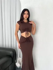 Osy Modal Yumuşak Dokulu Kumaş Büzgülü Crop Etek Takım -Kahverengi