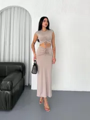 Osy Modal Yumuşak Dokulu Kumaş Büzgülü Crop Etek Takım -Bej
