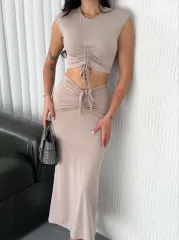 Osy Modal Yumuşak Dokulu Kumaş Büzgülü Crop Etek Takım -Bej