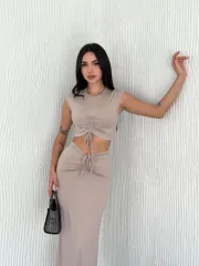 Osy Modal Yumuşak Dokulu Kumaş Büzgülü Crop Etek Takım -Bej