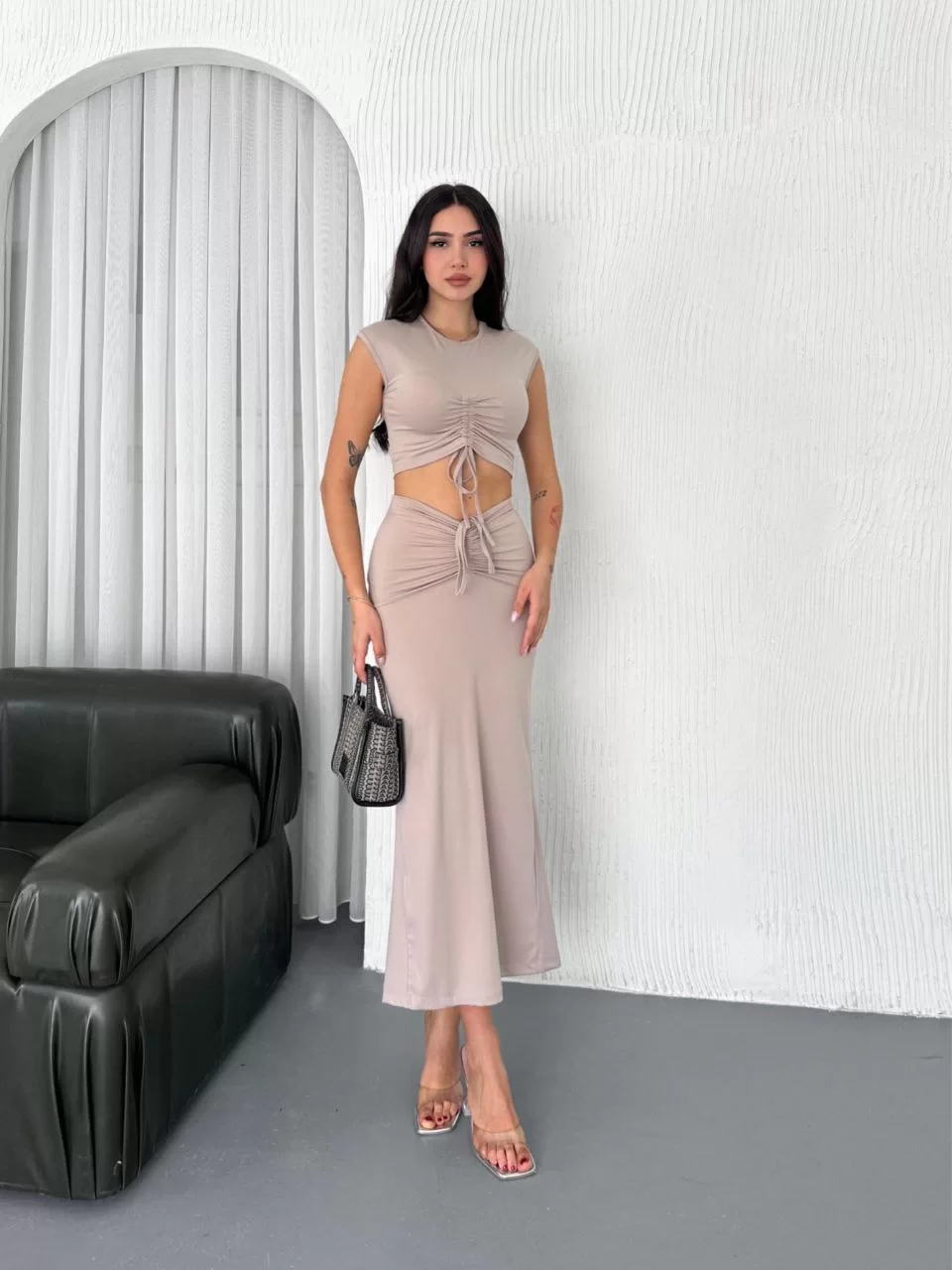 Osy Modal Yumuşak Dokulu Kumaş Büzgülü Crop Etek Takım -Bej