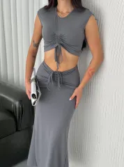 Osy Modal Yumuşak Dokulu Kumaş Büzgülü Crop Etek Takım -Gri