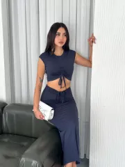 Osy Modal Yumuşak Dokulu Kumaş Büzgülü Crop Etek Takım -Lacivert