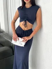 Osy Modal Yumuşak Dokulu Kumaş Büzgülü Crop Etek Takım -Lacivert