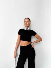 Osy Modal Yumuşak Dokulu Kumaş Kısa Kollu Crop Alt ispanyol Paça Pantalon ikili Takım - Siyah