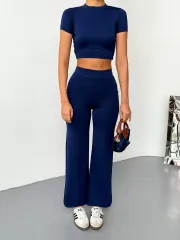 Osy Modal Yumuşak Dokulu Kumaş Kısa Kollu Crop Alt ispanyol Paça Pantalon ikili Takım - Lacivert