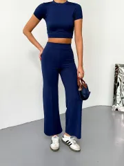 Osy Modal Yumuşak Dokulu Kumaş Kısa Kollu Crop Alt ispanyol Paça Pantalon ikili Takım - Lacivert
