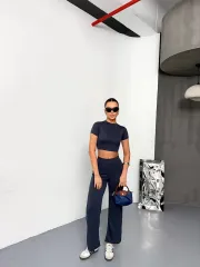Osy Modal Yumuşak Dokulu Kumaş Kısa Kollu Crop Alt ispanyol Paça Pantalon ikili Takım - Füme
