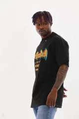 Unisex Kuşgözü Detaylı Baskılı Oversize T-Shirt - Siyah