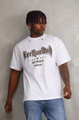 Unisex Kuşgözü Detaylı Baskılı Oversize T-Shirt - Beyaz