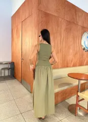 Kolsuz Uzun Elbise - Haki