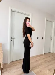 Yakalı Fitilli Kısa kollu  Uzun Triko Elbise - Siyah