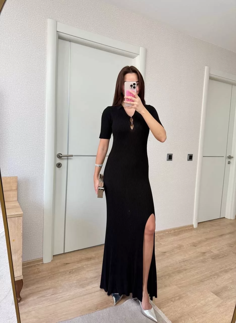 Yakalı Fitilli Kısa kollu  Uzun Triko Elbise - Siyah