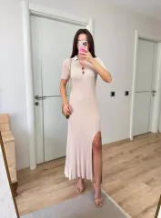 Yakalı Fitilli Kısa kollu Uzun Triko Elbise - Kırık Beyaz