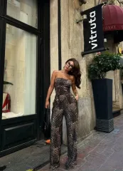 leopar desenli önden bağlamalı bluz Pantolon İkili Takım -Leopar