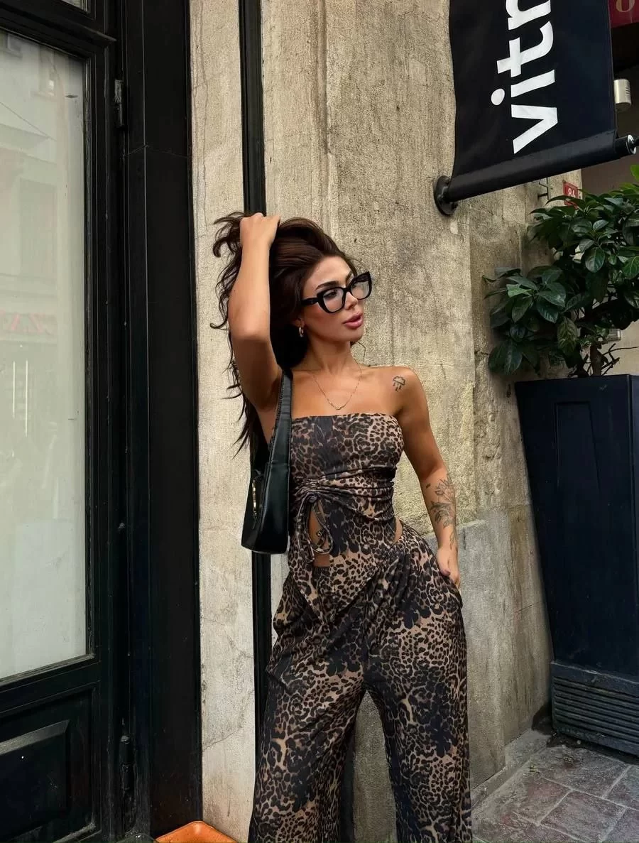 leopar desenli önden bağlamalı bluz Pantolon İkili Takım -Leopar
