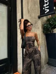 leopar desenli önden bağlamalı bluz Pantolon İkili Takım -Leopar
