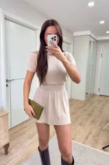 Kısa Kollu Bluz Mini Etekli ikili Takım Triko - Beyaz
