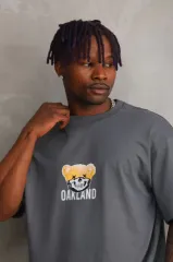 Unisex Baskılı Oversize T-Shirt - Füme