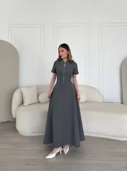 Kısa Kollu Önden Fermuarlı Çan Etekli Uzun Elbise - Antrasit