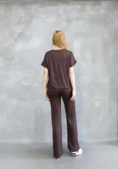 Osy Modal Yumuşak dokulu Kumaş Bisiklet Yaka Kısa Kollu Takım - Kahverengi