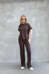 Osy Modal Yumuşak dokulu Kumaş Bisiklet Yaka Kısa Kollu Takım - Kahverengi