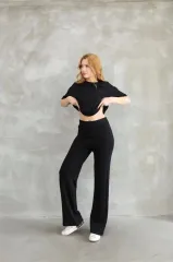 Osy Modal Yumuşak dokulu Kumaş Bisiklet Yaka Taş detaylı Kısa Kollu Takım - Siyah