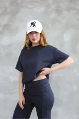Osy Modal Yumuşak dokulu Kumaş Bisiklet Yaka Taş detaylı Kısa Kollu Takım - Füme