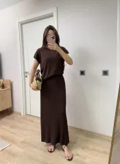 Bisiklet Yaka Bluz Uzun Etekli ikili Takım Triko - Kahve