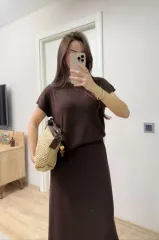 Bisiklet Yaka Bluz Uzun Etekli ikili Takım Triko - Kahve