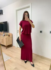 Bisiklet Yaka Bluz Uzun Etekli ikili Takım Triko - Bordo
