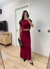 Bisiklet Yaka Bluz Uzun Etekli ikili Takım Triko - Bordo